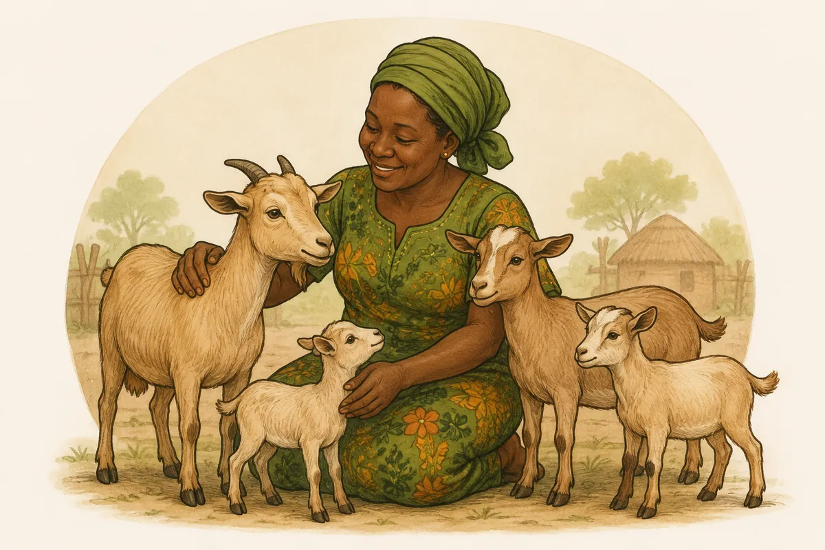 A woman surrounded by her growing female goat herd