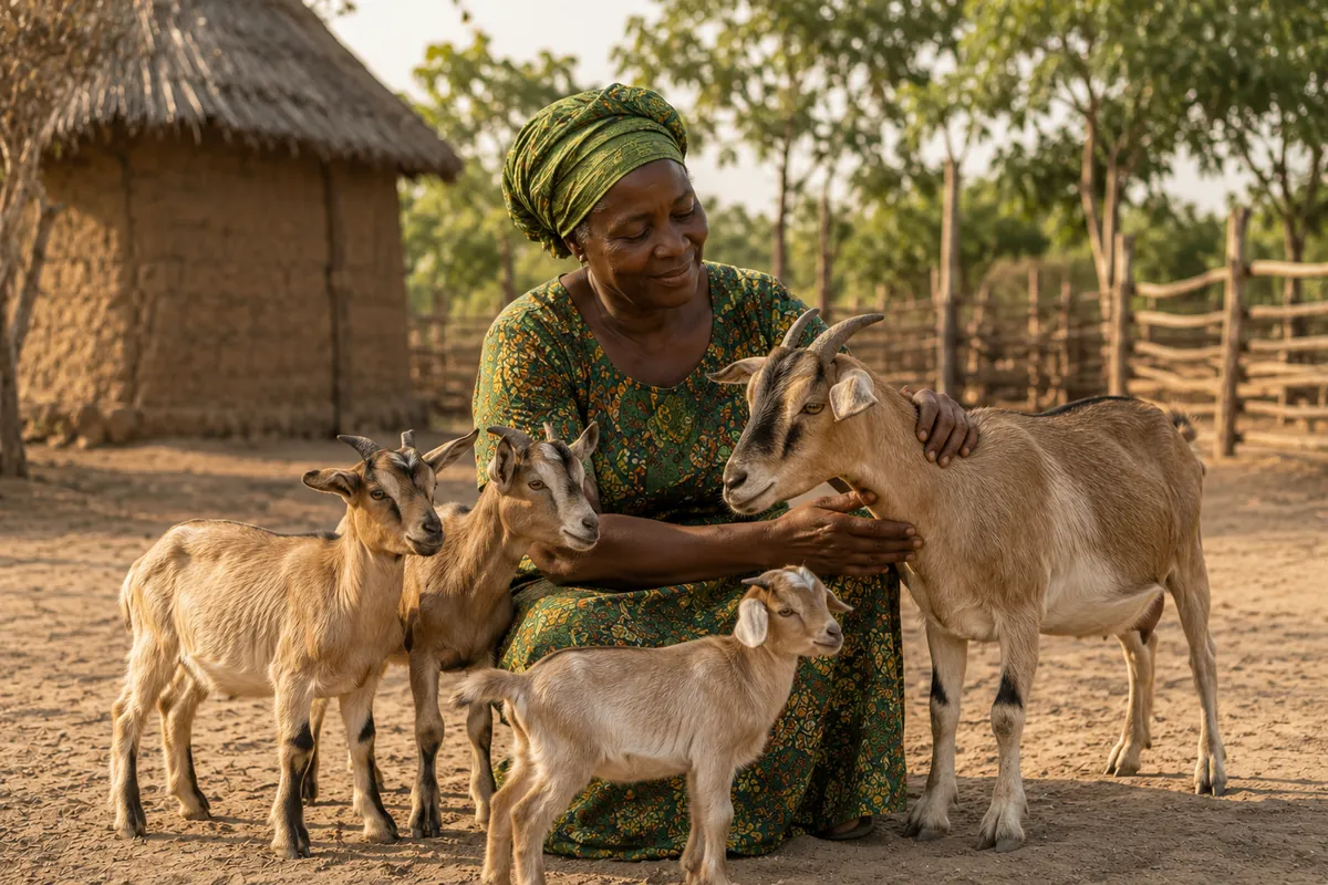 A woman standing proudly beside her growing herd of female goats