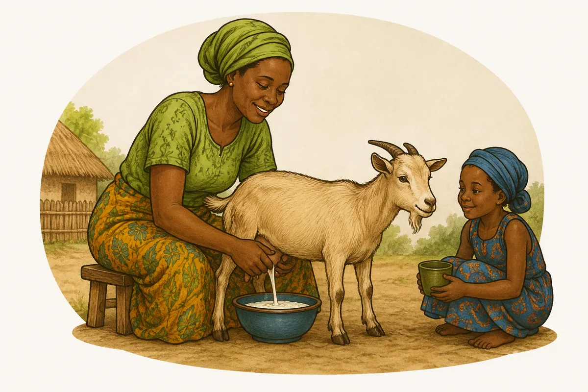 A woman milking her goat while a child waits nearby