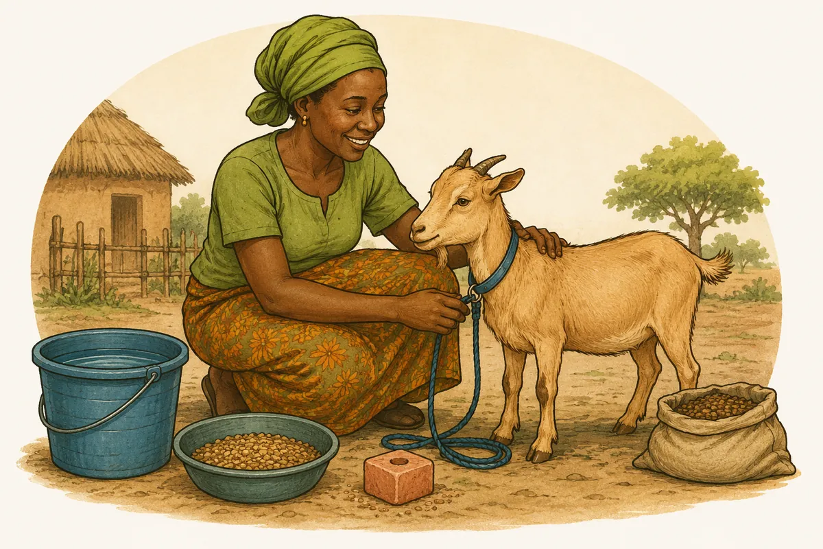 A woman caring for her goat with her own basic materials
