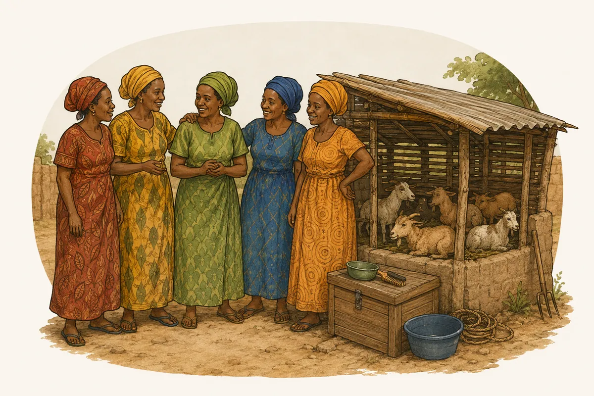 Five women beside their safe communal goat shelter