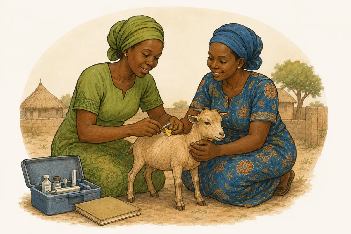 A young goat receiving an identification tag and health care