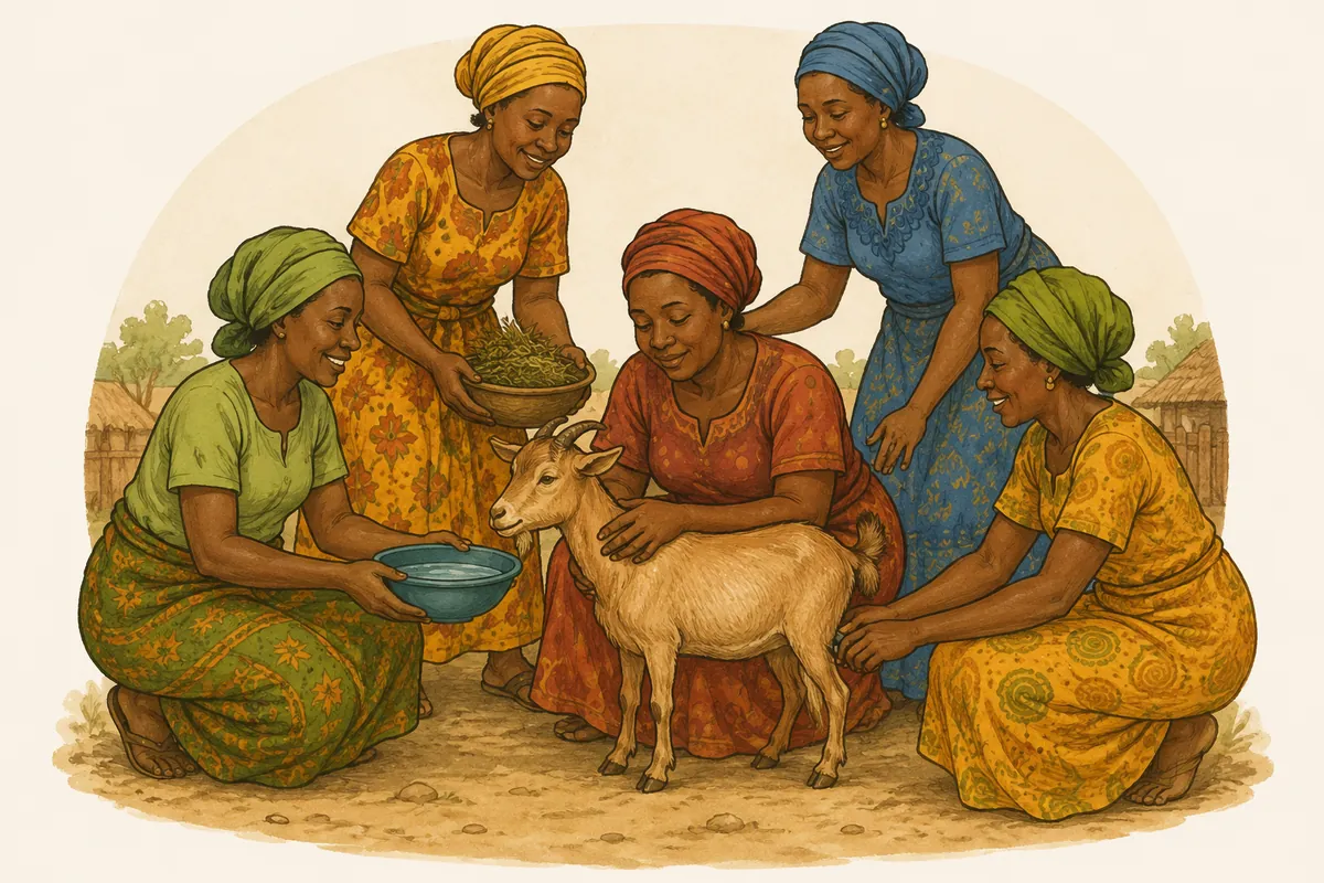 Five women helping one another care for a goat