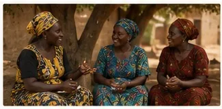 Three women speaking together in their community