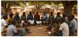 Women, men and children meeting together beneath a tree