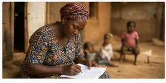 A woman writing a message about her community while children sit nearby