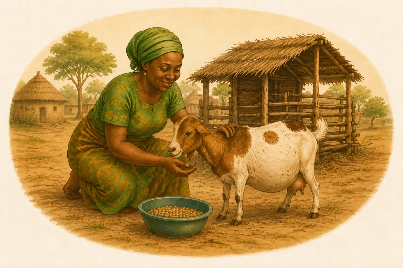 A woman proudly caring for her visibly pregnant West African Dwarf goat