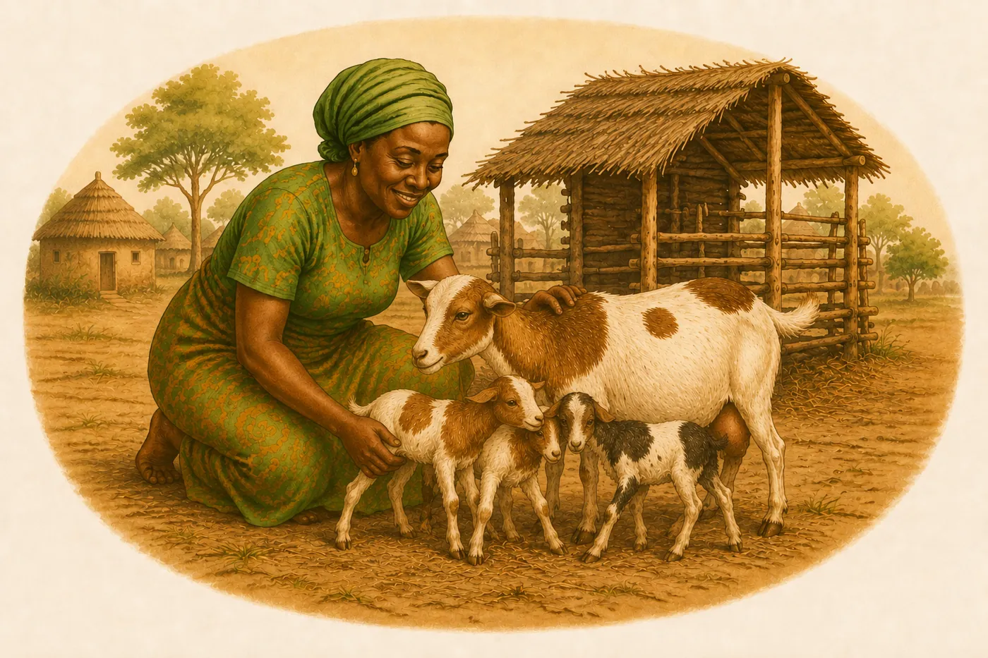 The mother goat with her three newborn kids beside their smiling owner