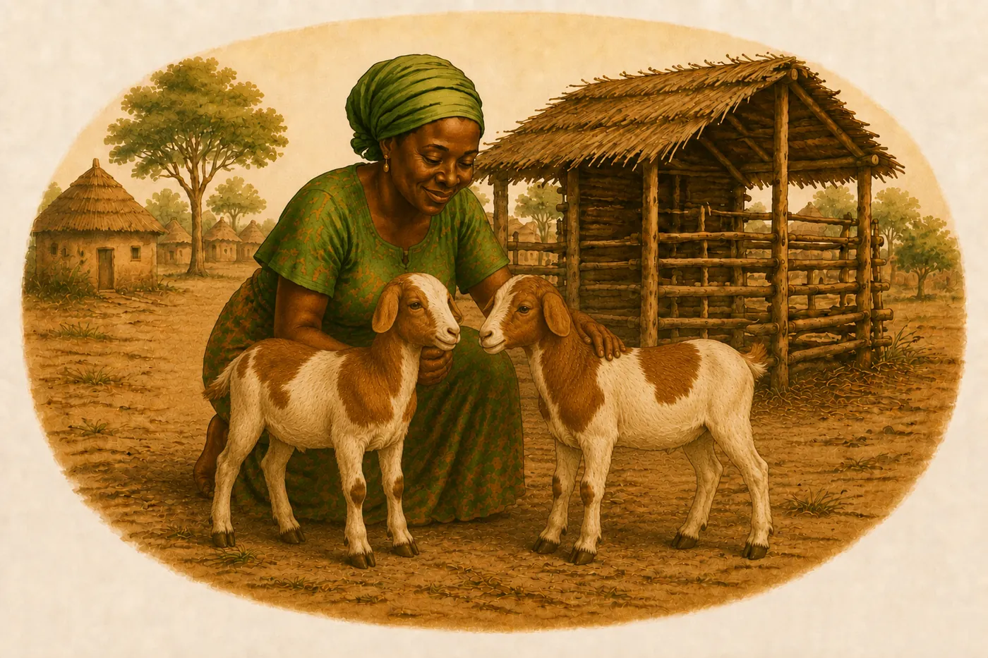 A woman caring for her two five-month-old female West African Dwarf goats