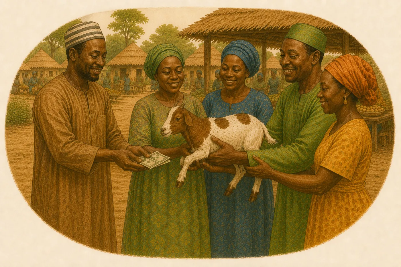 Community women purchasing a young female goat with support from the local project liaison