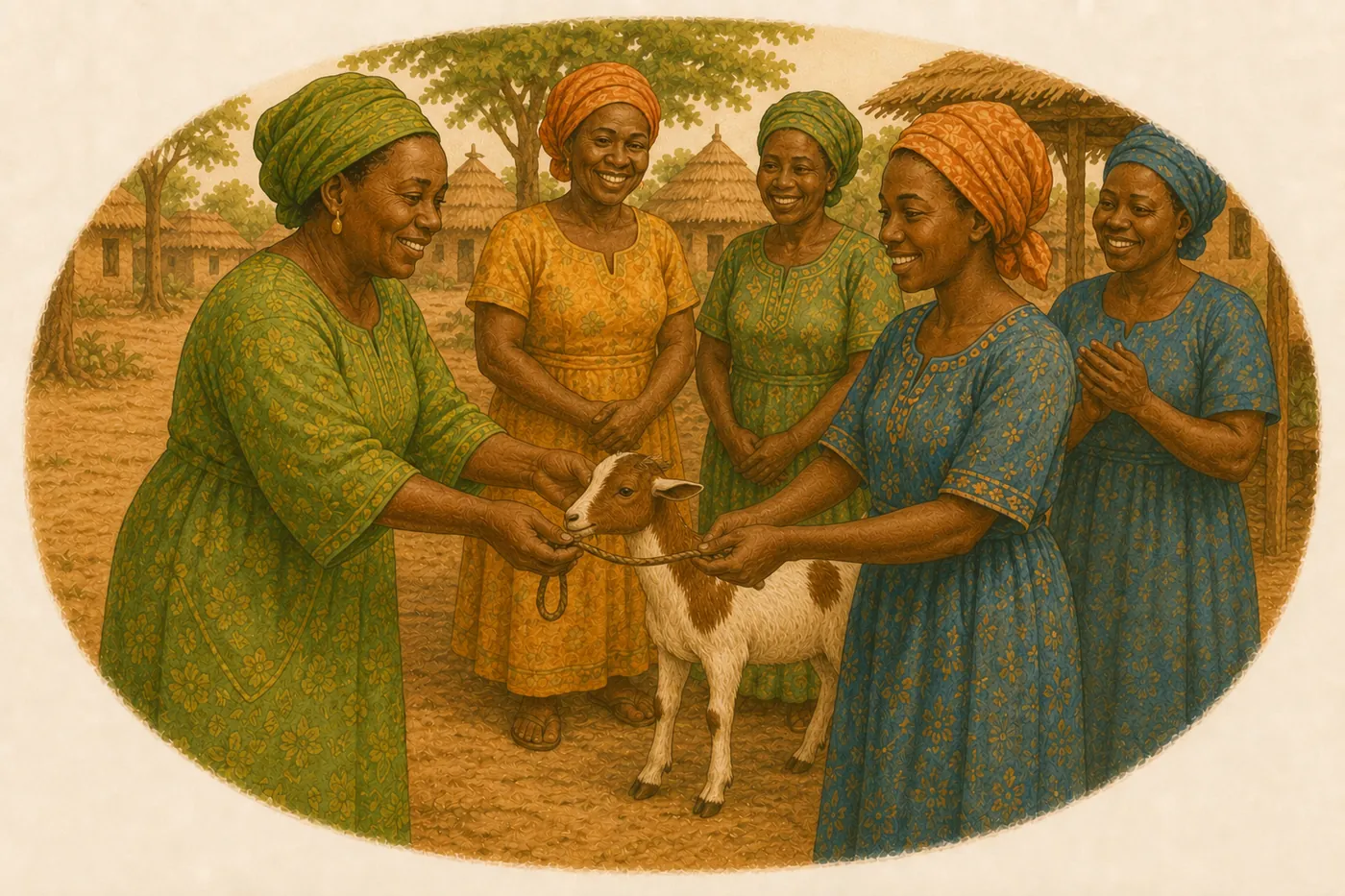 One woman passing the new young female goat to another woman in her community