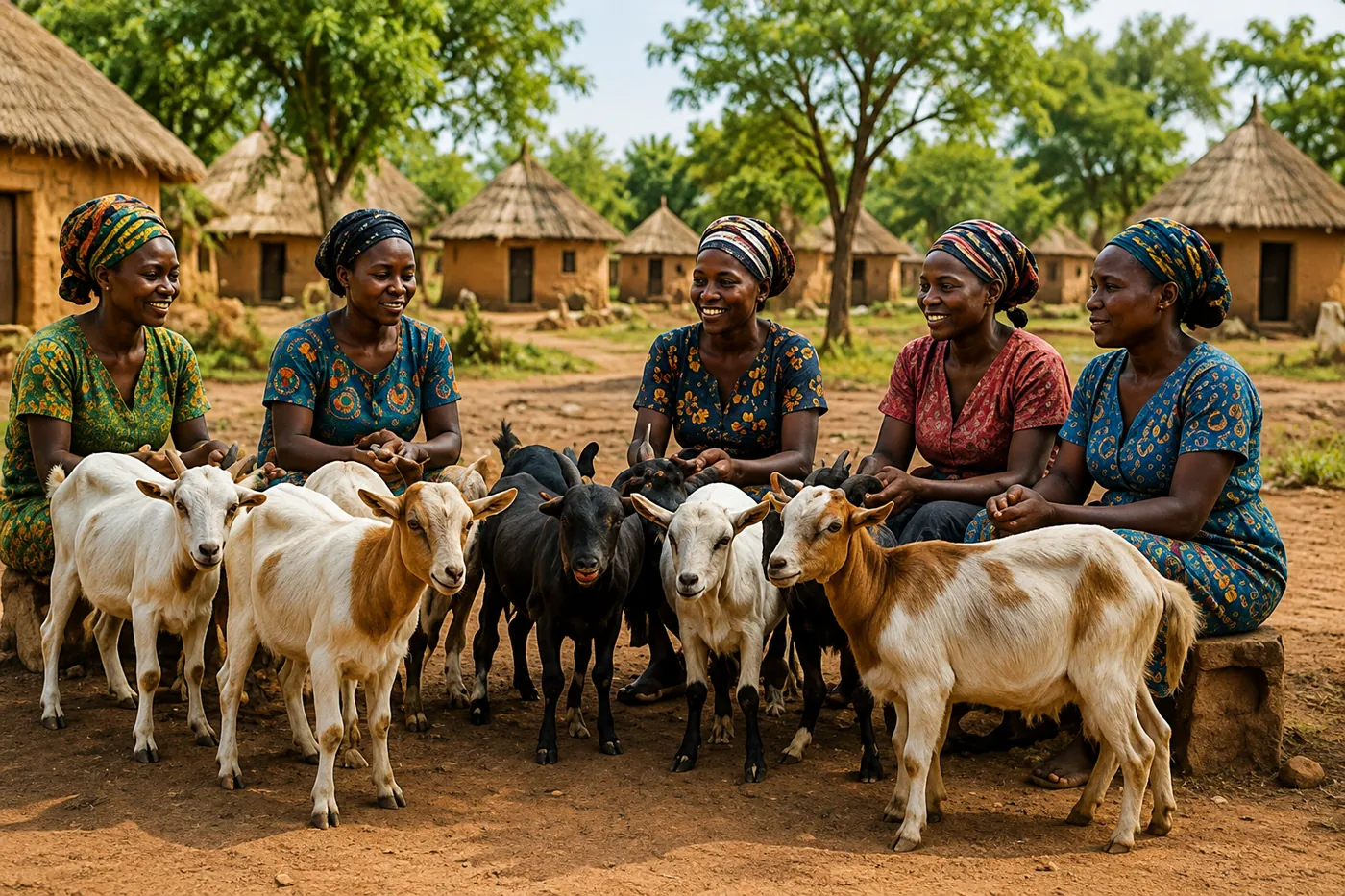 Women, children and goats together in a rural community