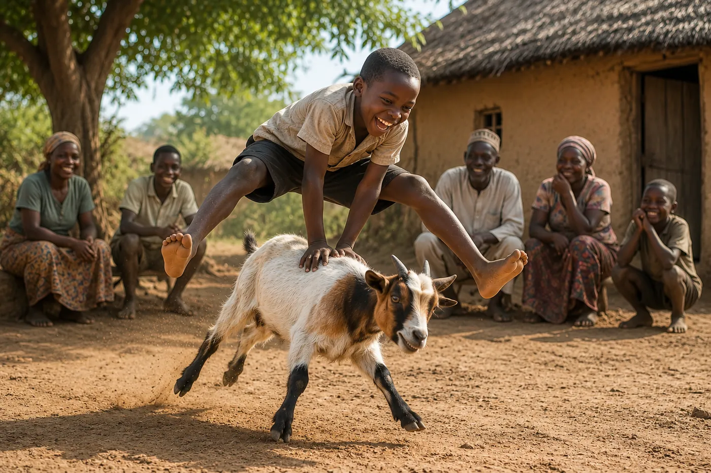 A boy joyfully jumping over a young goat