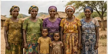 Five women and children standing together in carefully chosen modest clothing