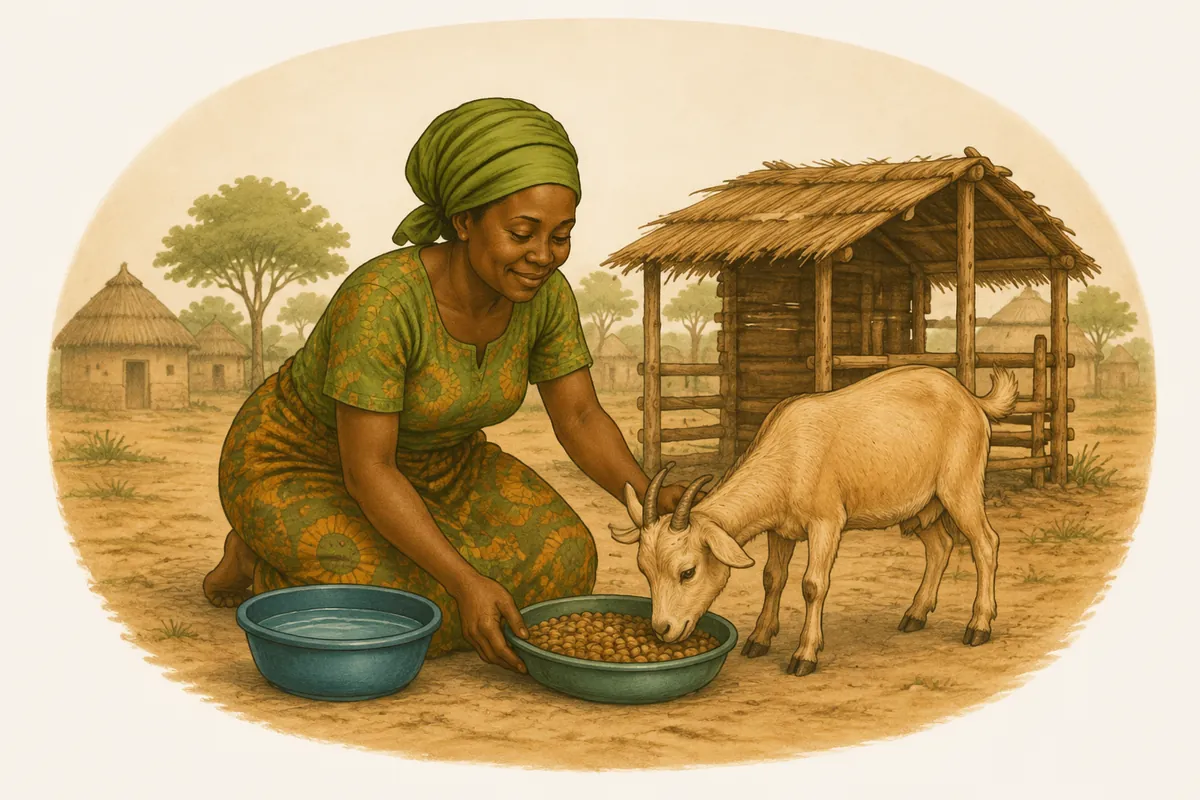 A woman giving her goat clean water, food and daily care