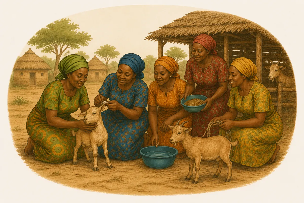 Five women working together to care for their goats