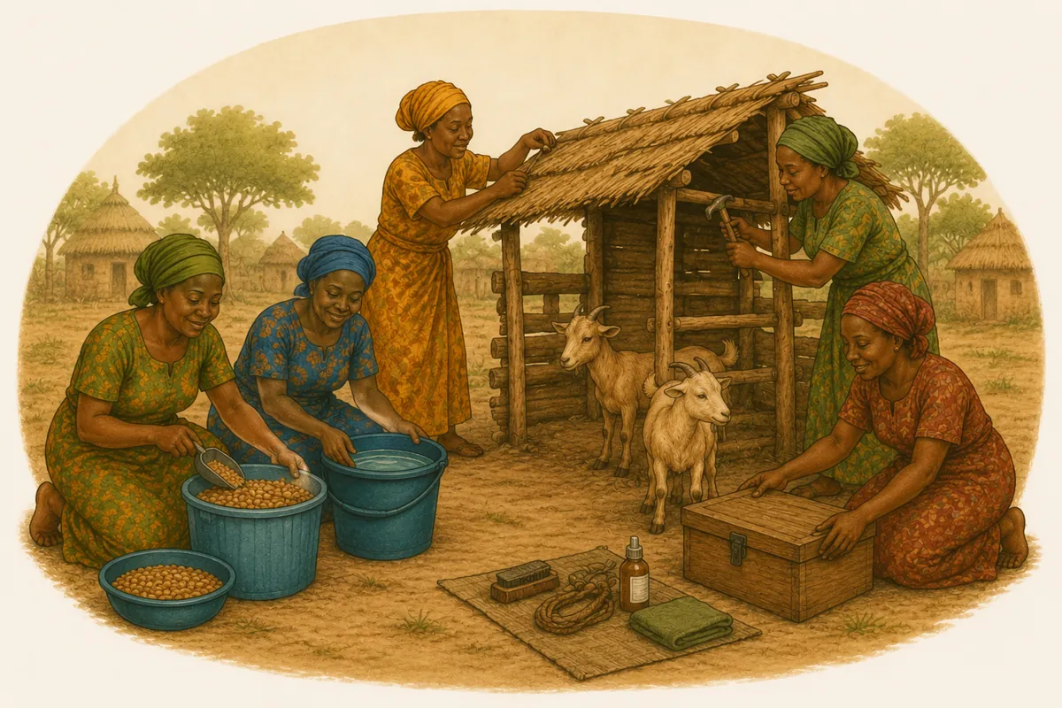 Five women caring for their shared shelter, materials and equipment