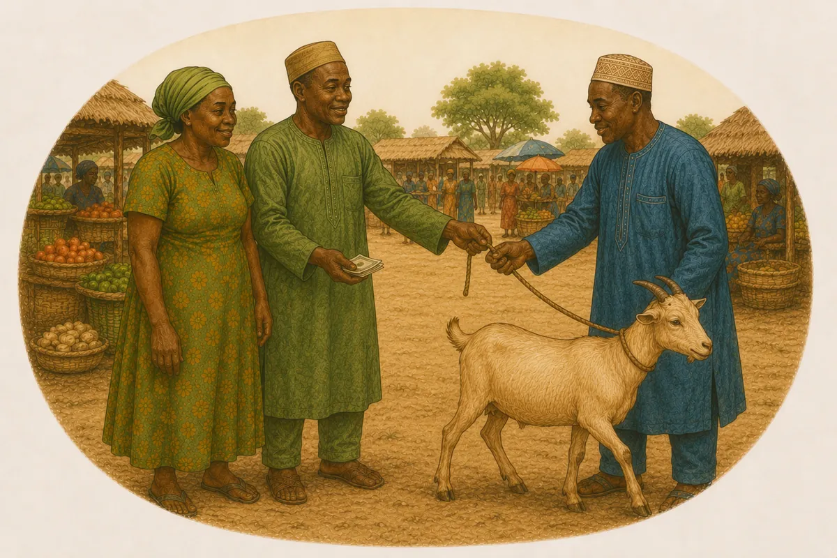A male goat being sold at the local market for the community