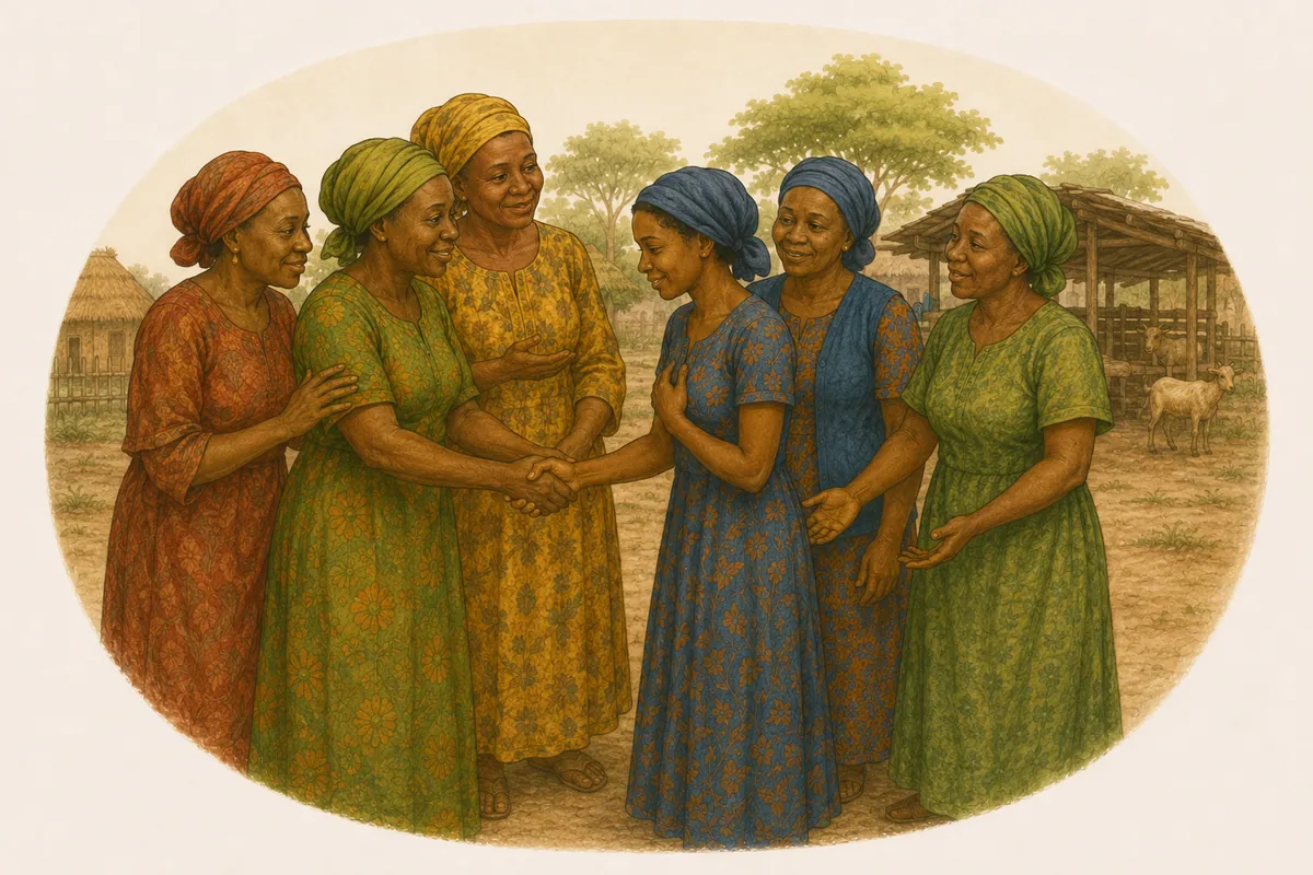 Five women warmly welcoming a younger woman into their group