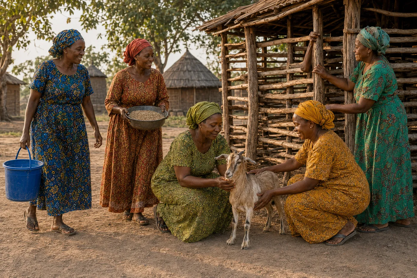 Five women working together to care for a goat and their shared shelter