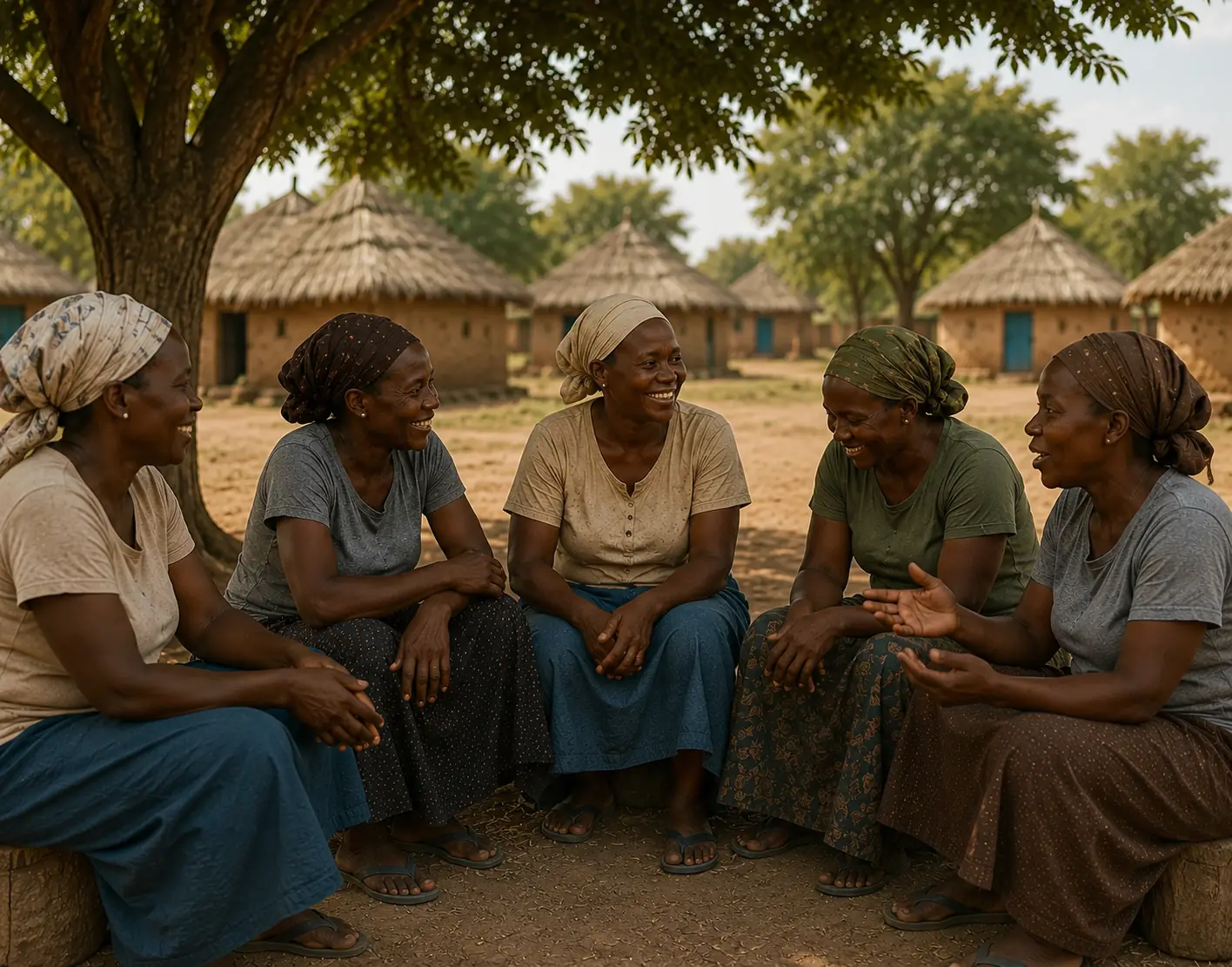 Five women standing together in their community