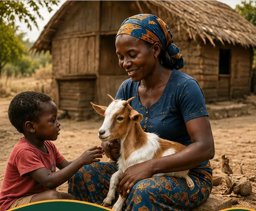 A woman and child with a goat beside their home