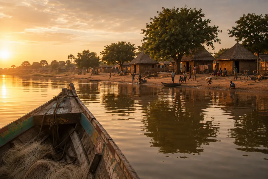 View from an old fishing boat approaching a village on the River Gambia