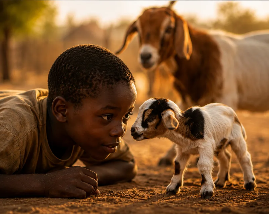 A young boy meeting a small goat face to face