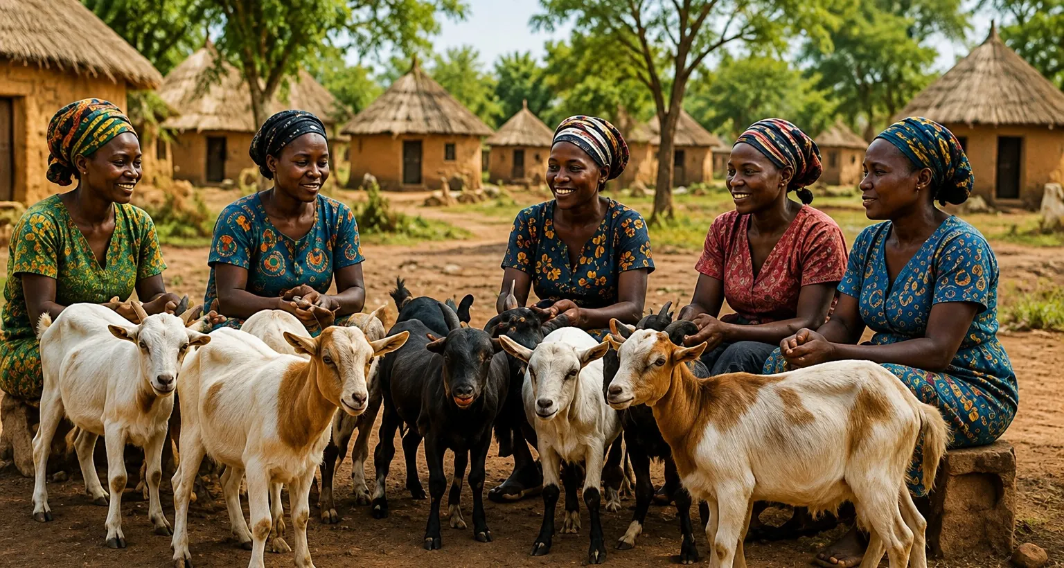 Five women together with West African Dwarf Goats in a rural village