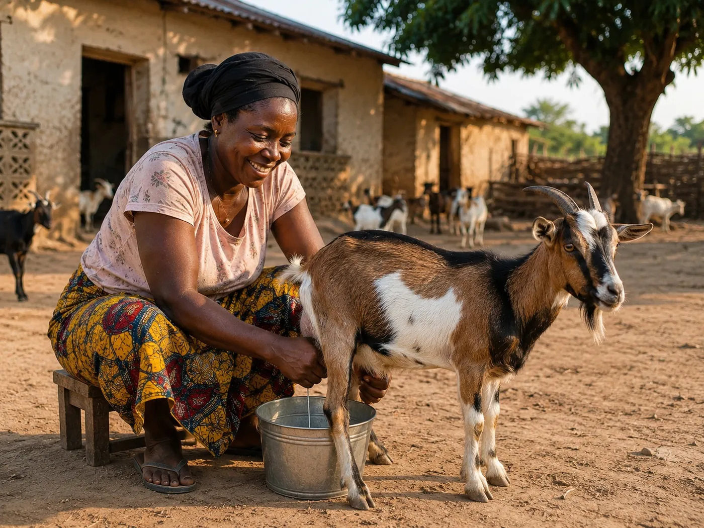 A woman milking a goat in a village courtyard