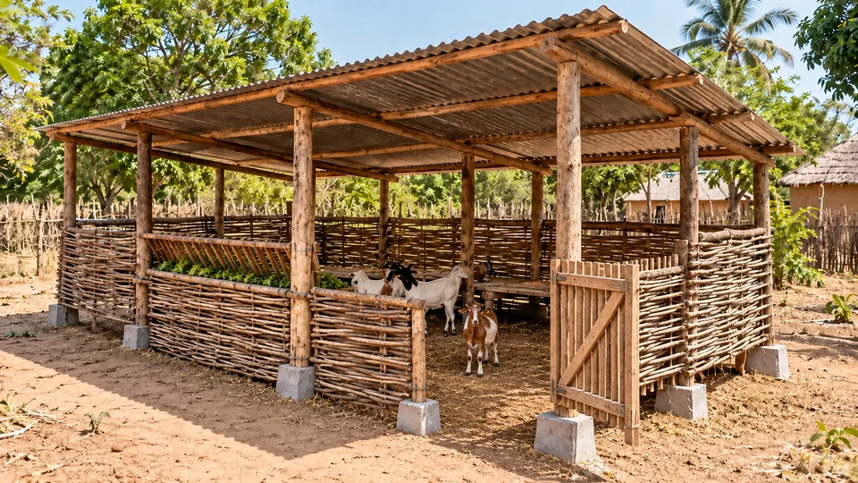 A simple 5 by 3 metre Ubuntu goat shelter with round poles, raised post feet, woven local walls, corrugated roof, gate and feeder