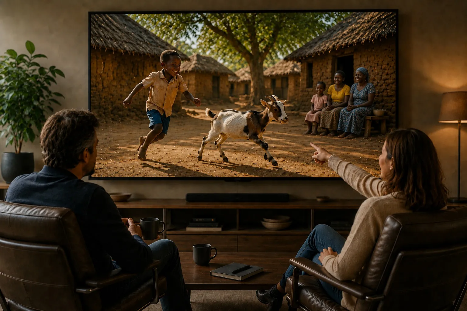 Two people enjoying a film about daily life in an Ubuntu community